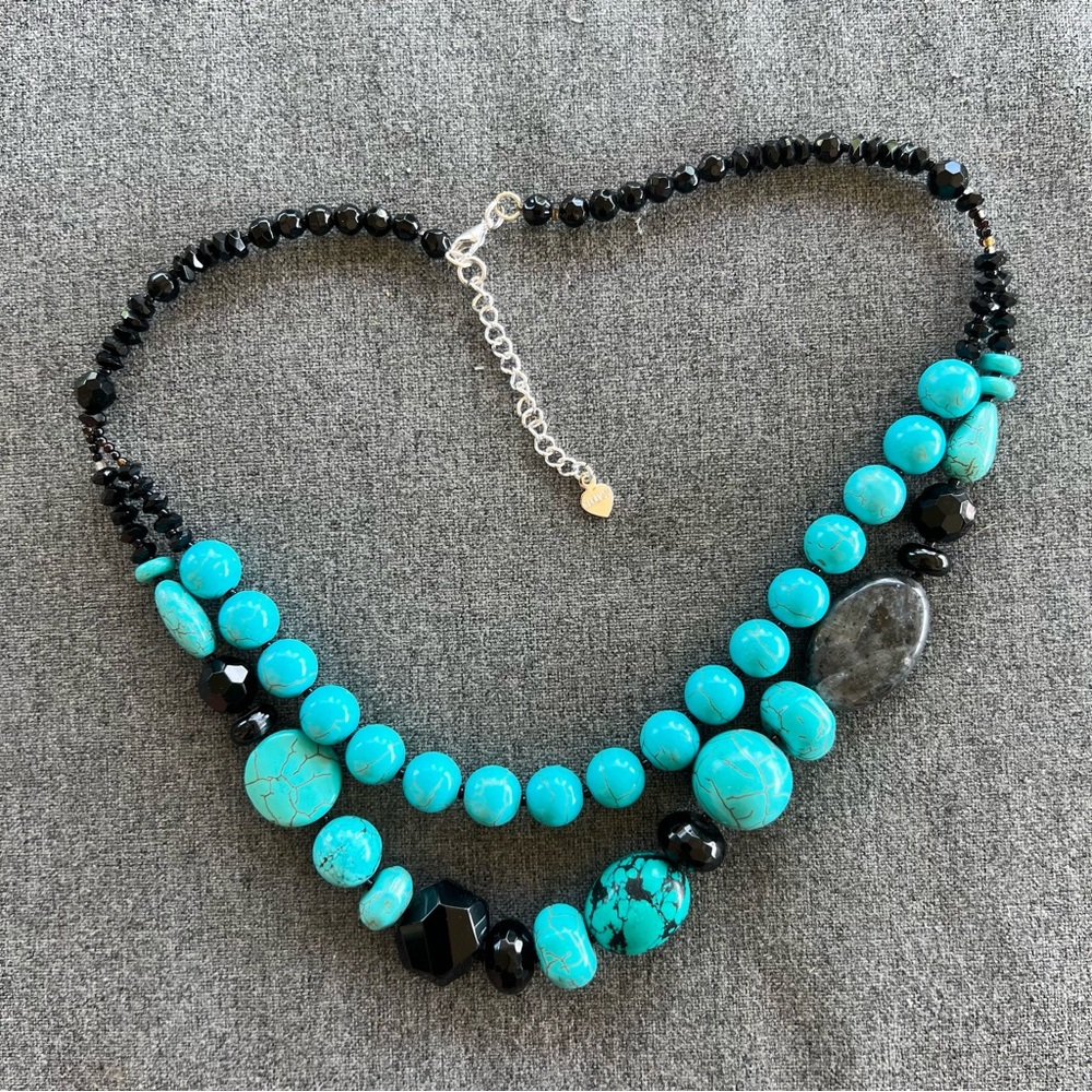 Nakamol Turquoise Howlite Onyx Beaded Double Strand Necklace 20” Long